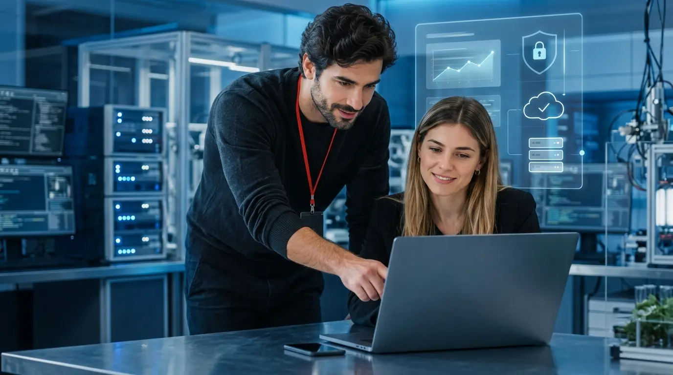 Dos personas mirando una computadora con fondo cibernetico